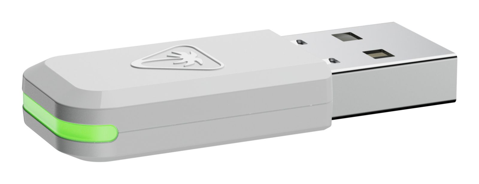 Ein weißer USB-Stick mit grünem Licht am Ende und einem kleinen Palmensymbol auf der Oberseite auf weißem Grund.