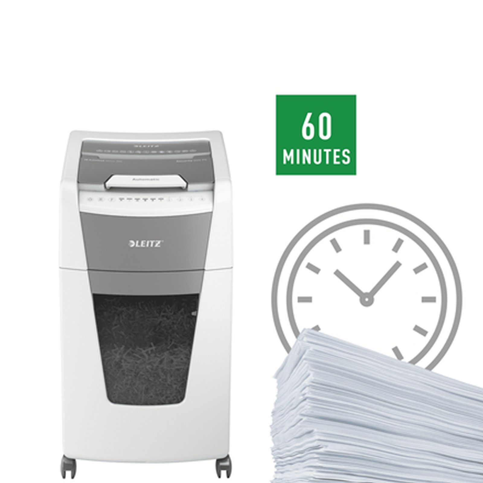 Ein weißer Leitz Aktenvernichter neben einem großen Stapel Papier und einer Uhr mit 60 Minuten.