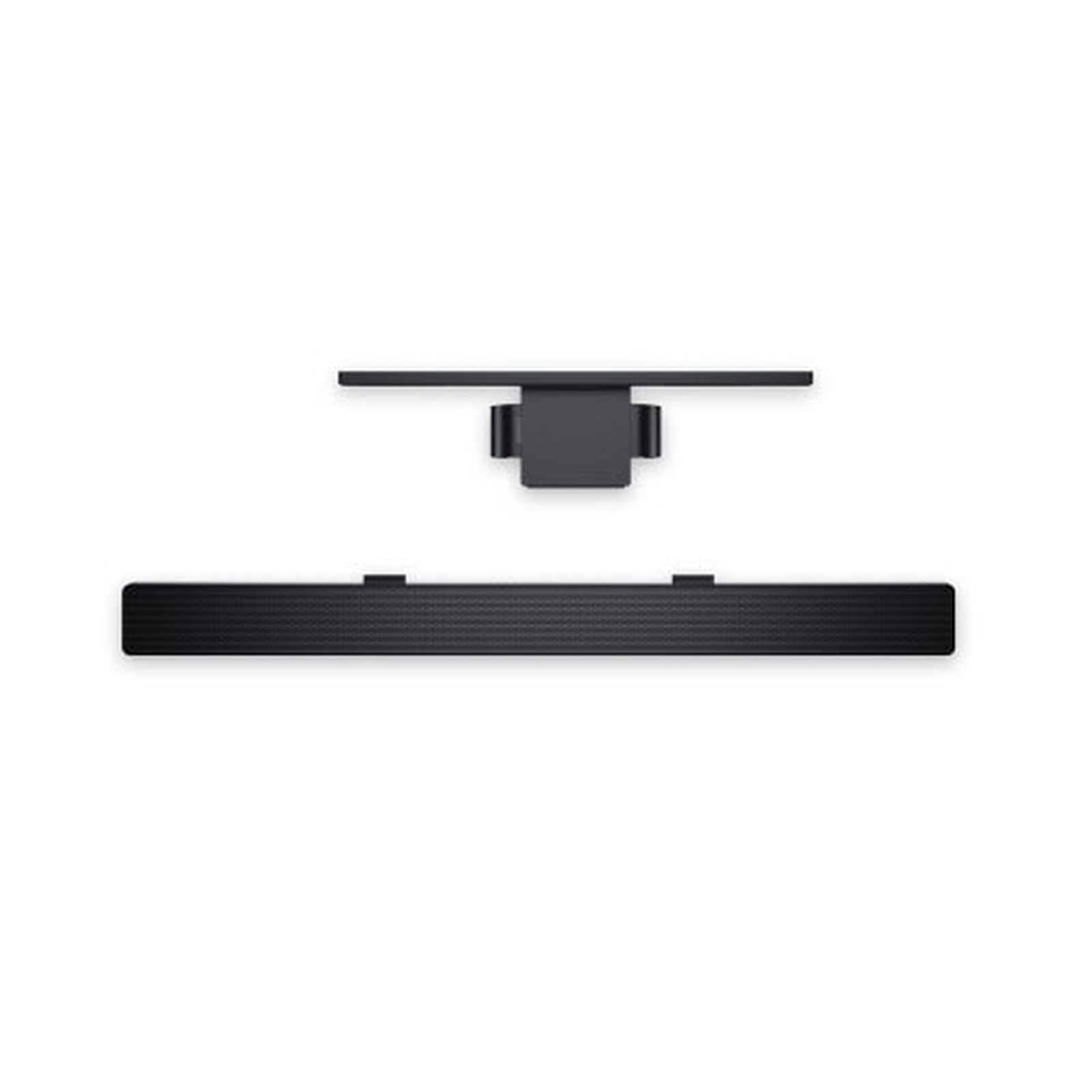 Eine schwarze Soundbar mit einem separaten Wandhalterungs- oder Montageelement isoliert auf weißem Hintergrund.