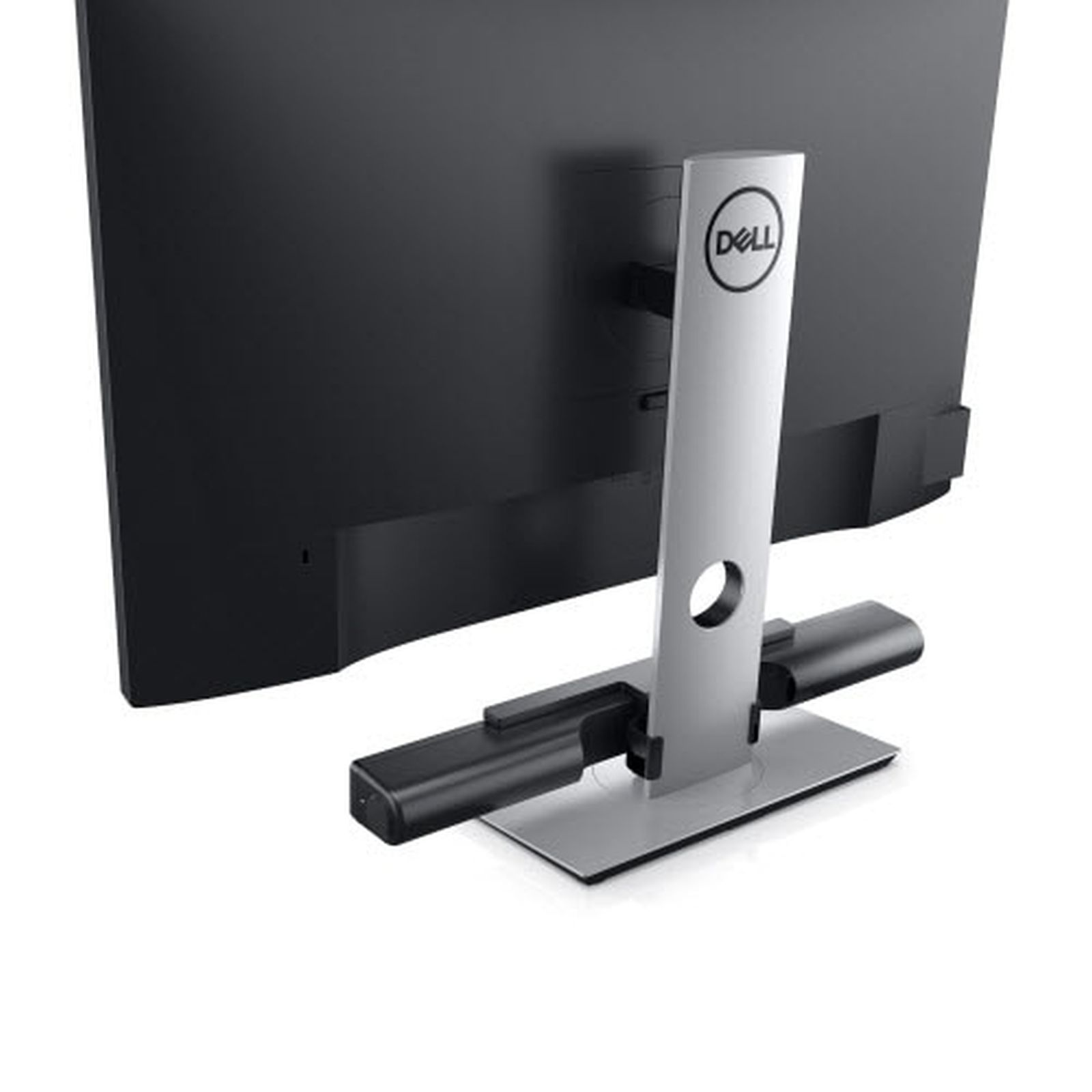 Die Rückseite eines schwarzen Dell-Monitors mit silbernem Standfuß und einer daran montierten schwarzen Soundbar.