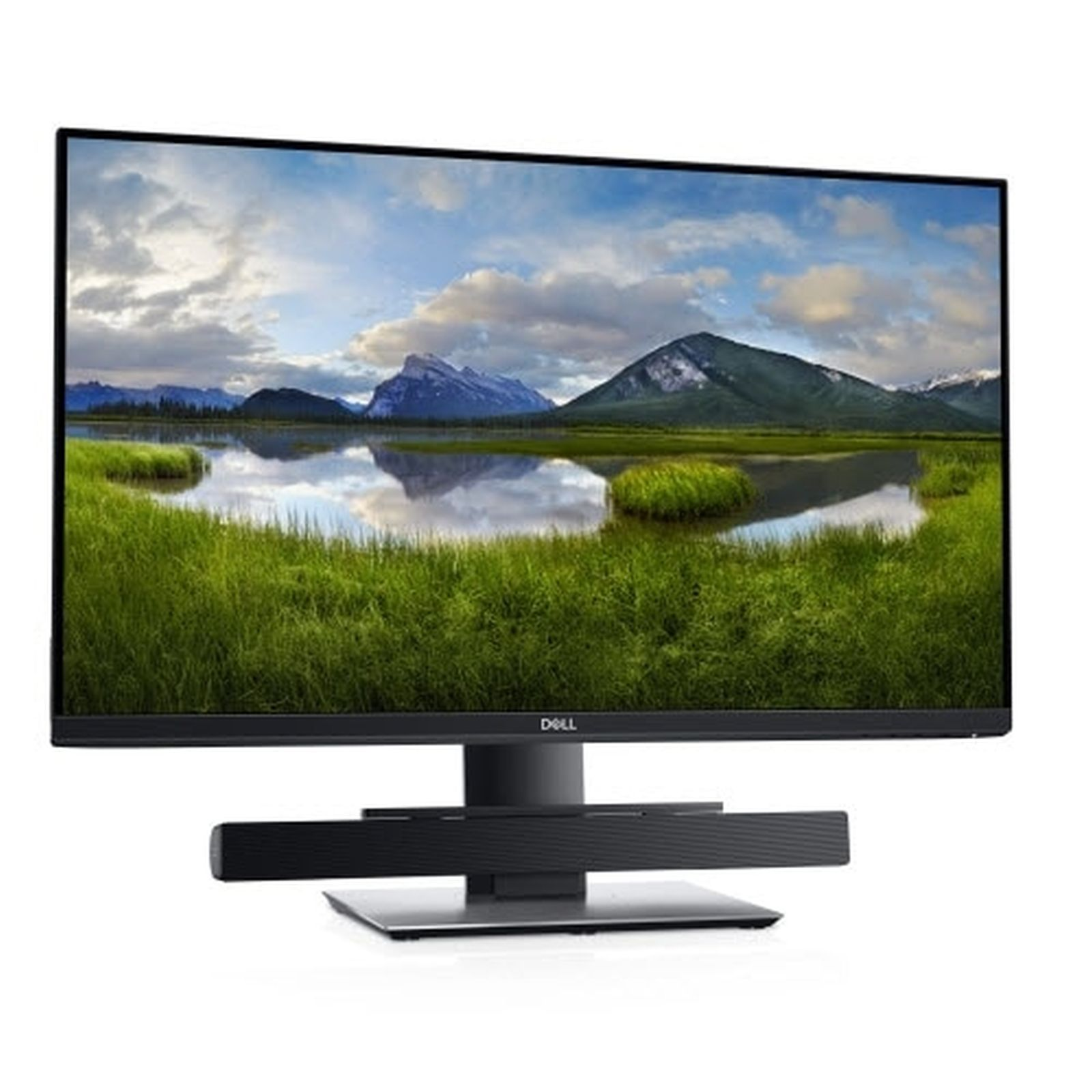 Ein Dell Monitor mit einer Soundbar zeigt eine Berg- und Seenlandschaft.