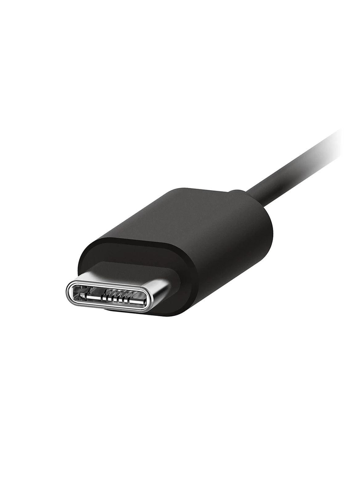Nahaufnahme eines schwarzen USB-C-Kabelsteckers vor weißem Hintergrund.