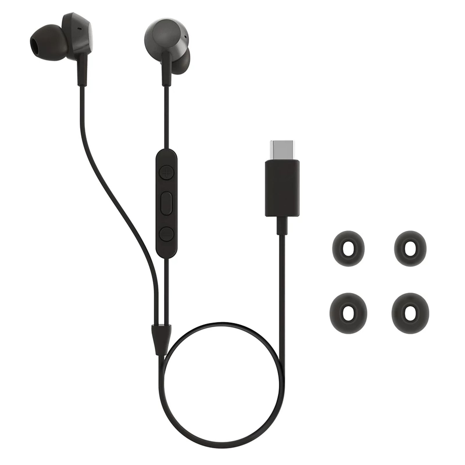 Schwarze In-Ear-Kopfhörer mit USB-C-Stecker, Inline-Fernbedienung und vier extra Ohrpolstern.