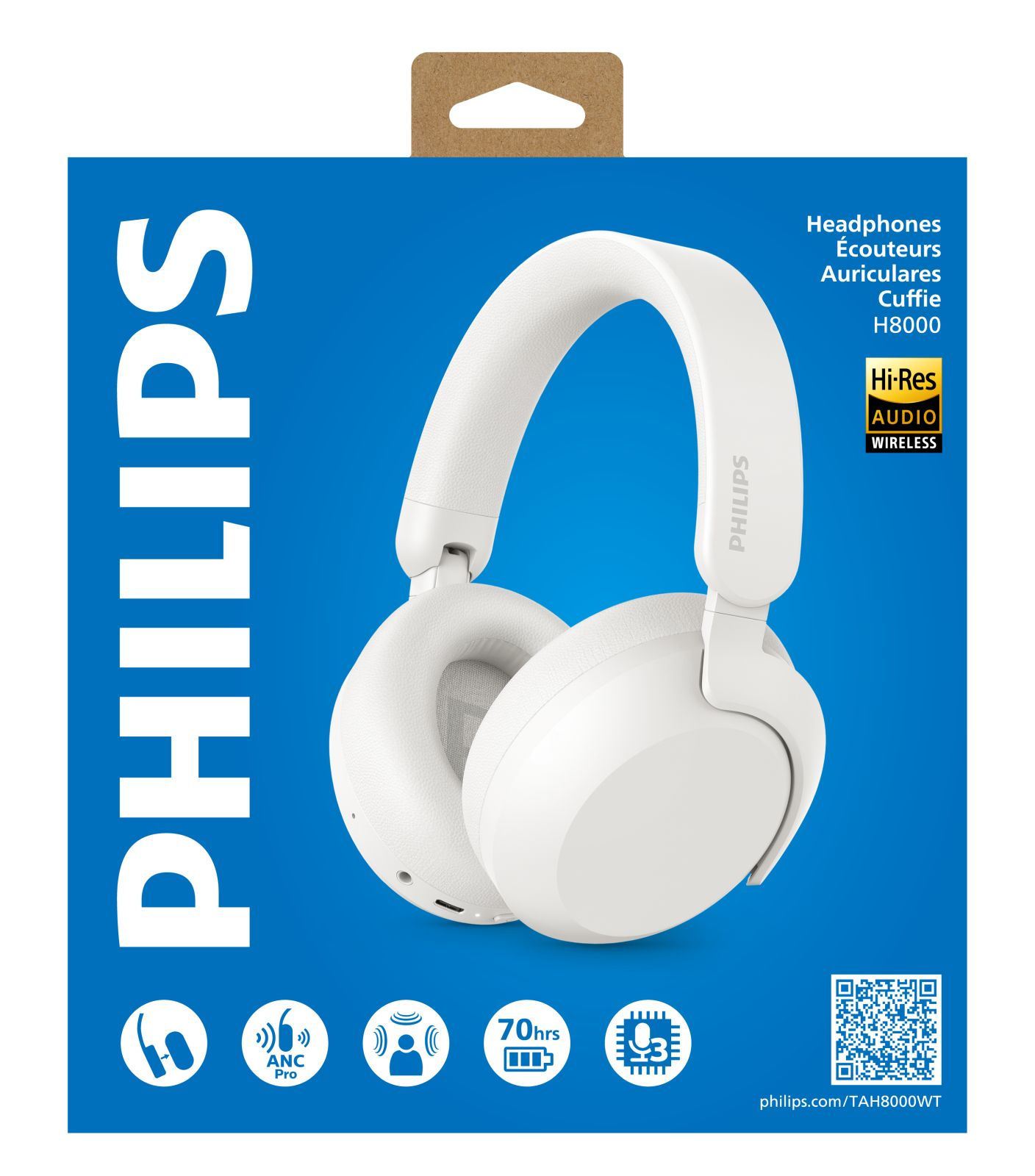 Blaue Philips Kopfhörer Verpackung mit weißem Over-Ear-Modell, Hi-Res Audio Logo und Merkmalen.