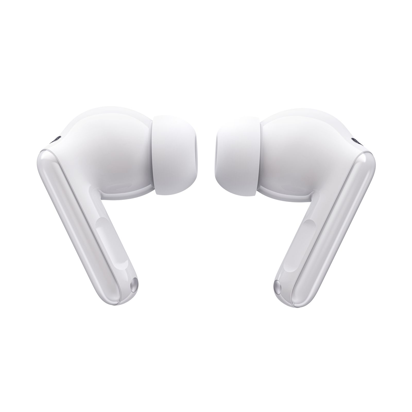 Due auricolari wireless bianchi con stelo su sfondo bianco.