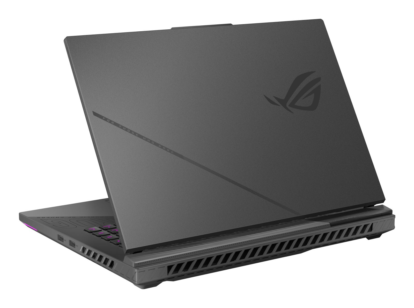 Un ordinateur portable de jeu gris foncé vu de dos, montrant son couvercle texturé, son logo ROG et ses fentes d'aération.