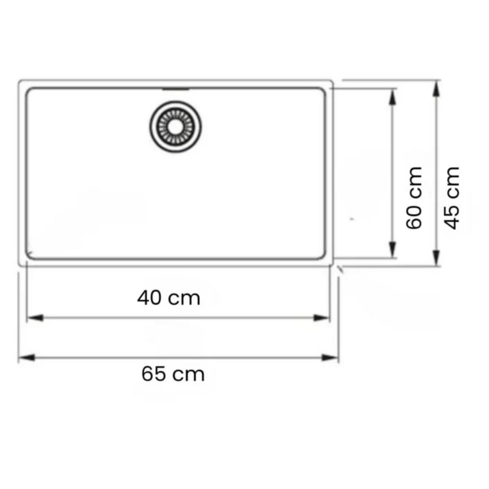 65x45 cm dış ve 40x60 cm iç ölçülerine sahip evyenin teknik çizimi.