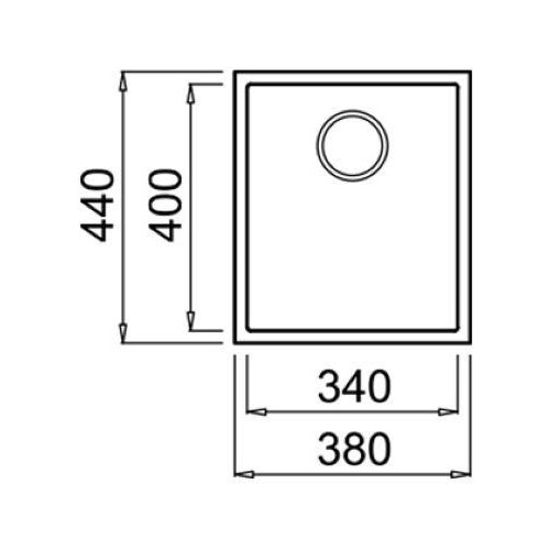 440x380 mm ölçülerinde kare bir evyenin teknik çizimi.