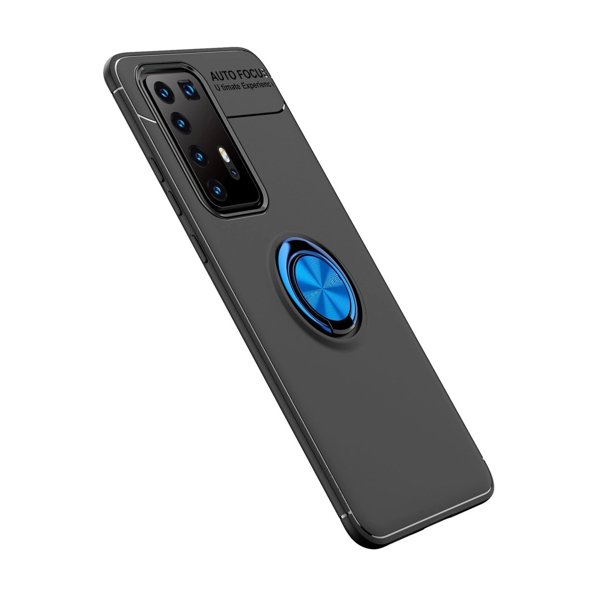 Kamera kesikli ve arkasında mavi halka bulunan siyah akıllı telefon kılıfı.