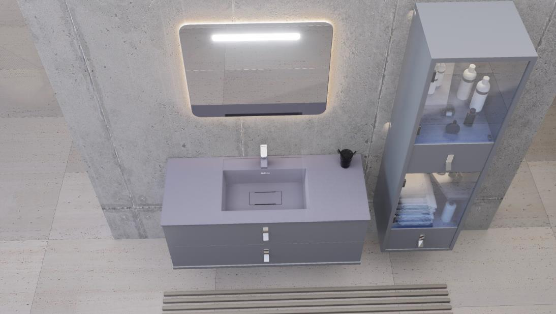 Lavabo, aydınlatmalı ayna, uzun dolap ve beton duvarlara sahip modern gri banyo dolabı, yukarıdan görünüm.