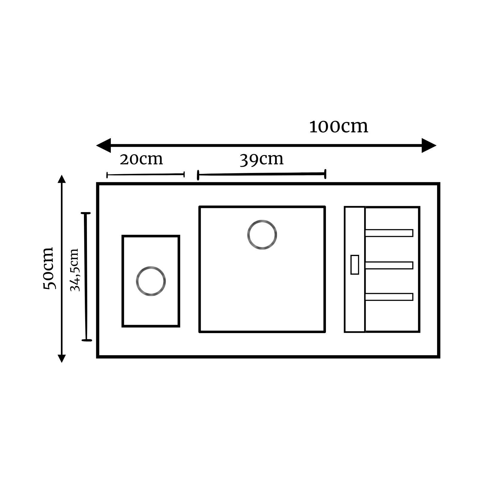 Dikdörtgen evyenin teknik çizimi, ölçüleri: 100 cm genişlik, 50 cm yükseklik.