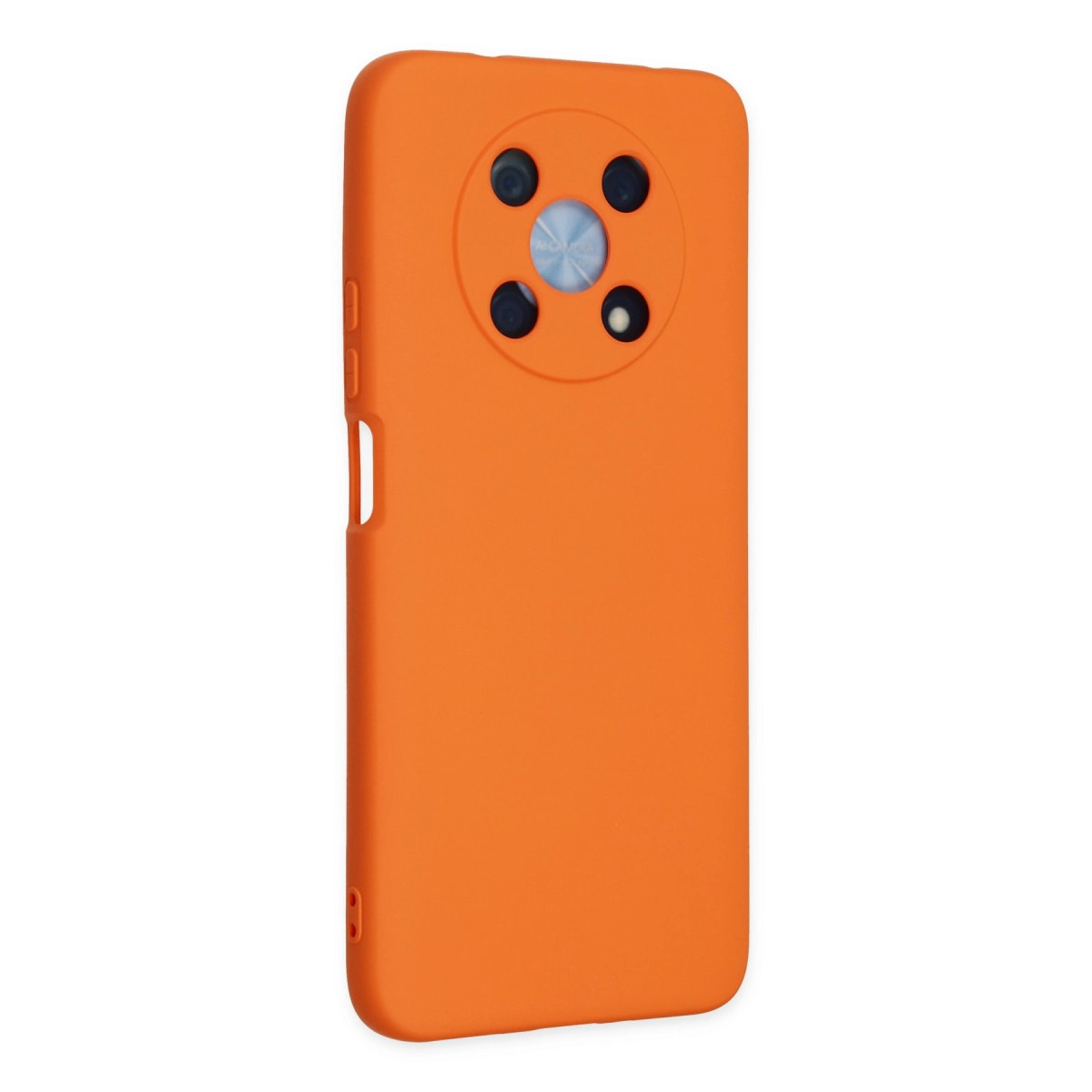 Dört kamera için dairesel bir kesime sahip, parlak turuncu renkli akıllı telefon kılıfı.