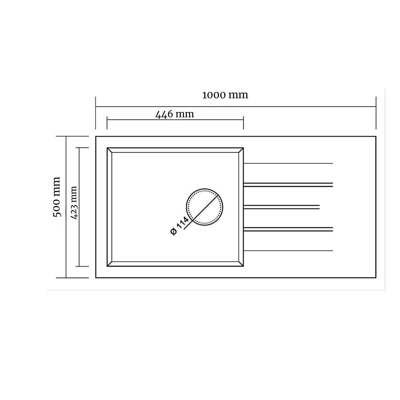 Ölçüleri verilen bir evyenin teknik çizimi: 1000x500 mm, hazne 446x423 mm, süzgeç 114 mm.