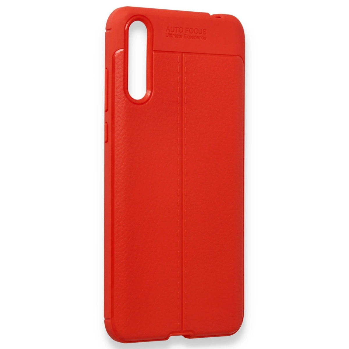 Dikey dekoratif dikişlere ve kamera kesitine sahip kırmızı, dokulu akıllı telefon kılıfı.