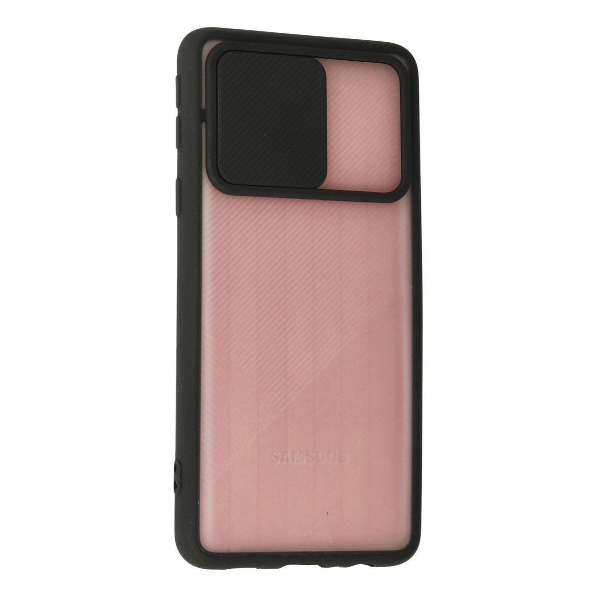 Beyaz arka planda siyah kenarlı ve kayar kamera kapaklı pembe Samsung telefon kılıfı.