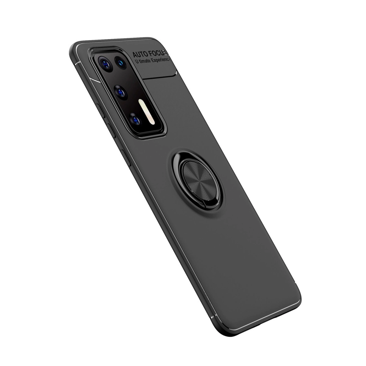 Arka planı beyaz olan, kamera çıkıntılı ve metal halka standlı siyah akıllı telefon kılıfı.