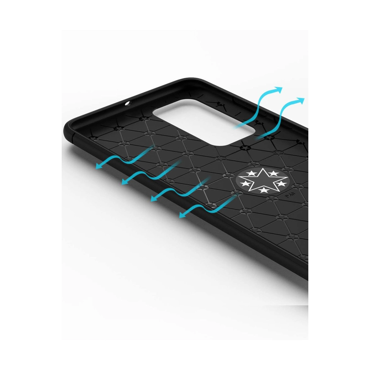 Geometrik yıldız desenli ve mavi dalgalı hava akışı oklarına sahip siyah akıllı telefon kılıfı.