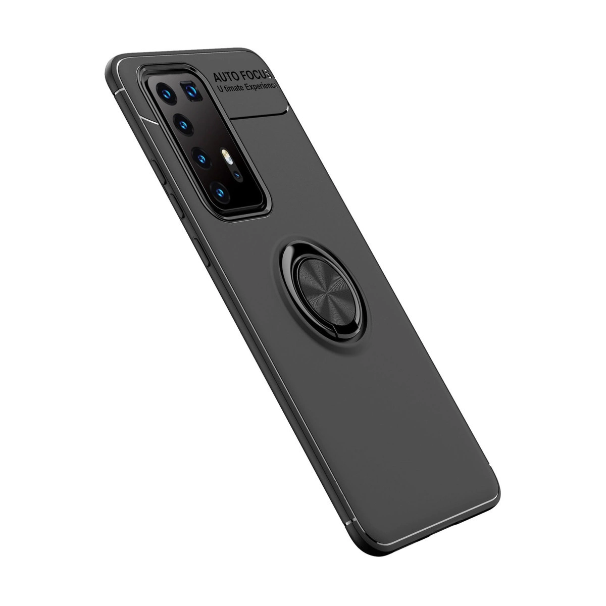 Beyaz arka planda halka tutuculu ve kamera kesikli siyah akıllı telefon kılıfı.