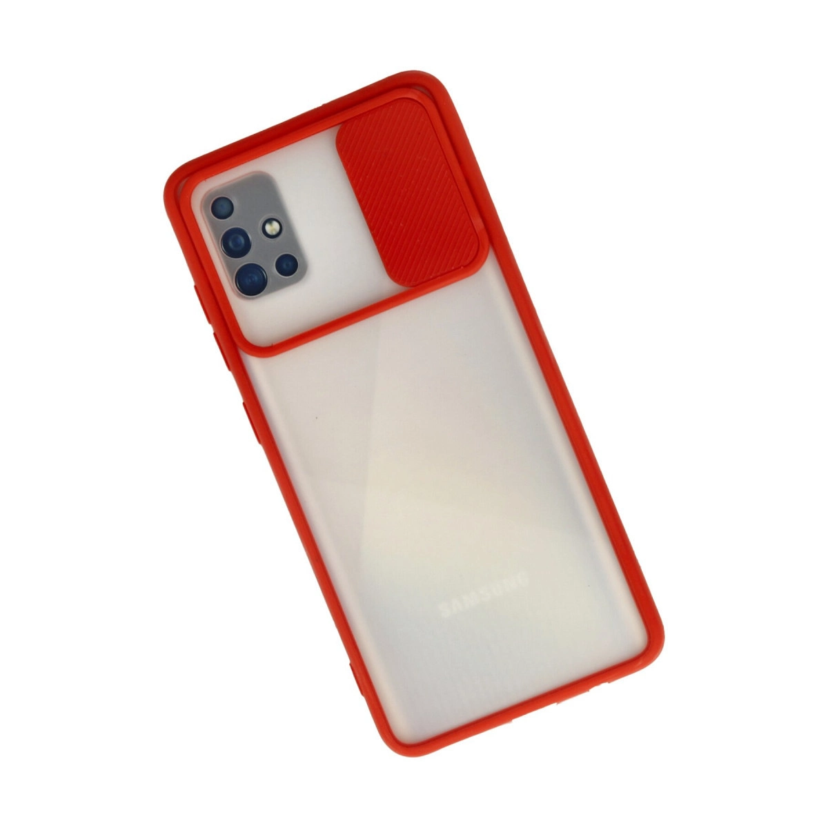Kırmızı kenarlı ve sürgülü kamera kapaklı yarı şeffaf beyaz kılıfta bir akıllı telefon.