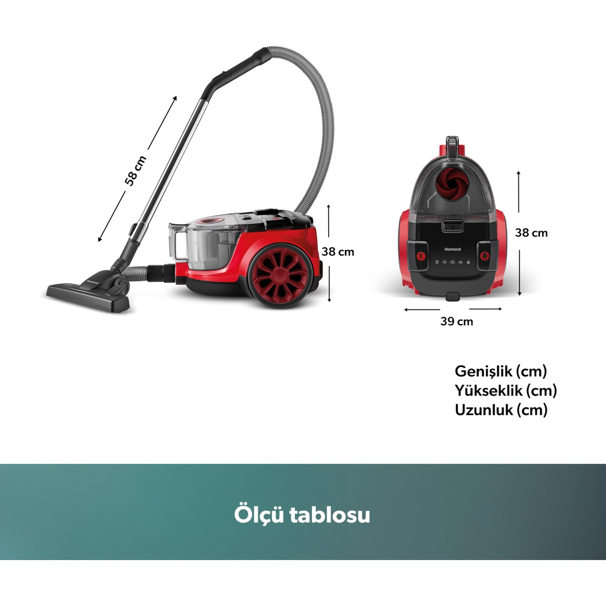 Gri arka planda aksesuarları ve yükseklik, genişlik, uzunluk ölçüleri gösterilen kırmızı elektrikli süpürge.