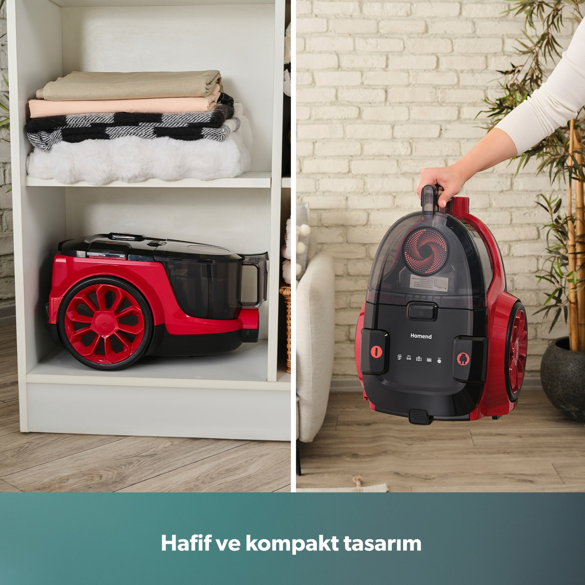 Rafta ve elde tutulan kırmızı siyah süpürge, altında metin var.