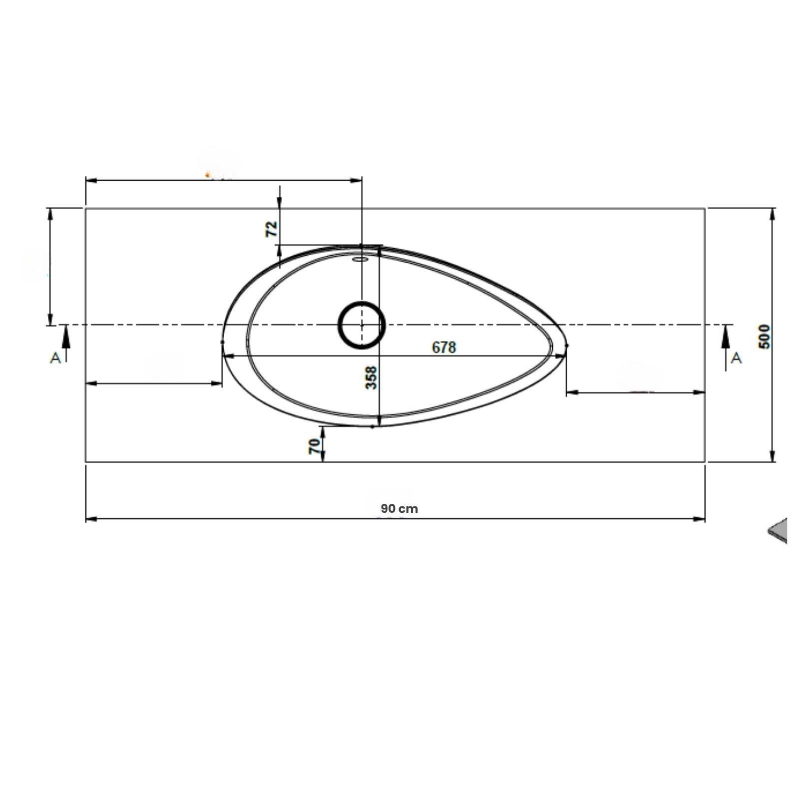 Asimetrik oval lavabolu ve ölçülendirme çizgili dikdörtgen lavabo tezgahının teknik resmi.
