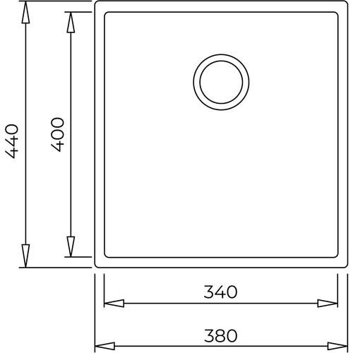 Kare bir eviyenin teknik çizimi, dış ölçü 440x380 mm, iç ölçü 400x340 mm.