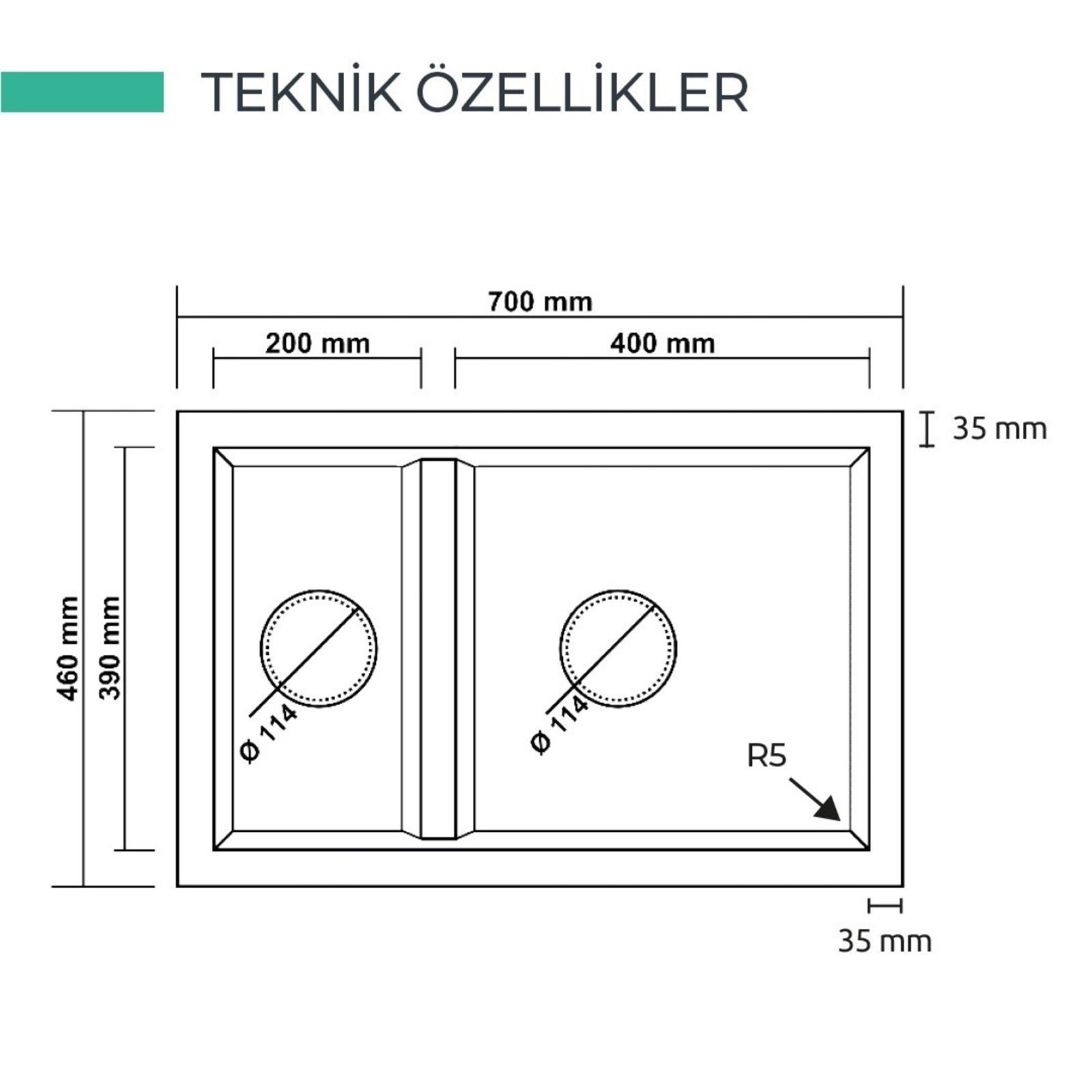 Milimetre cinsinden ölçüleri verilen çift gözlü mutfak evyesinin teknik çizimi.
