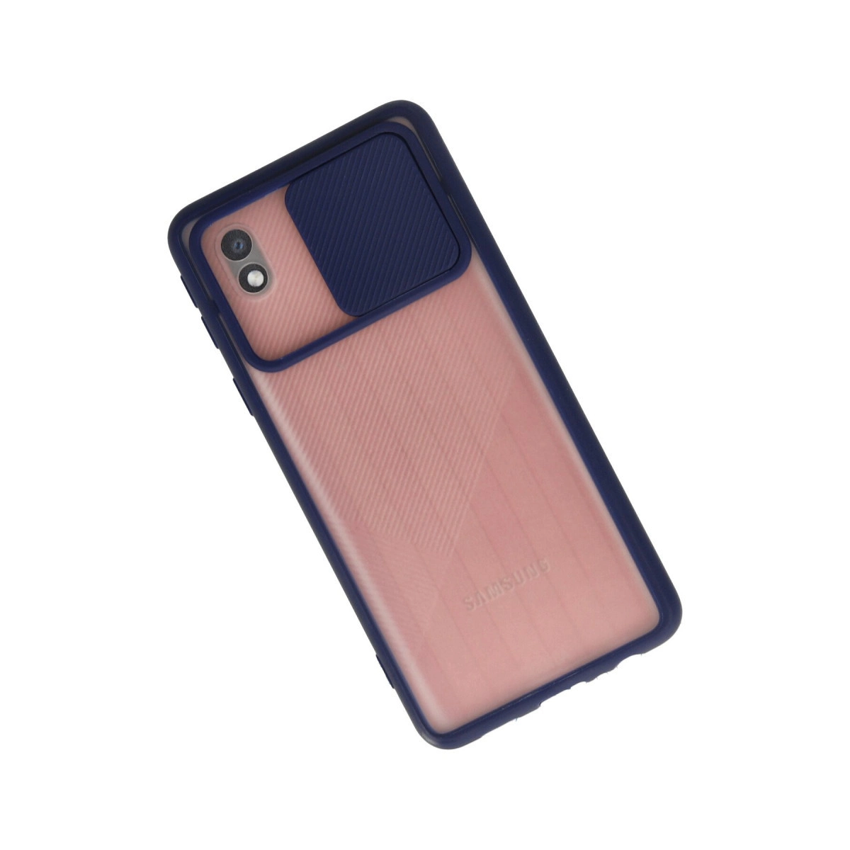 Pembe gövdeli, koyu mavi koruyucu kılıflı ve kapalı kamera kapaklı akıllı telefon.