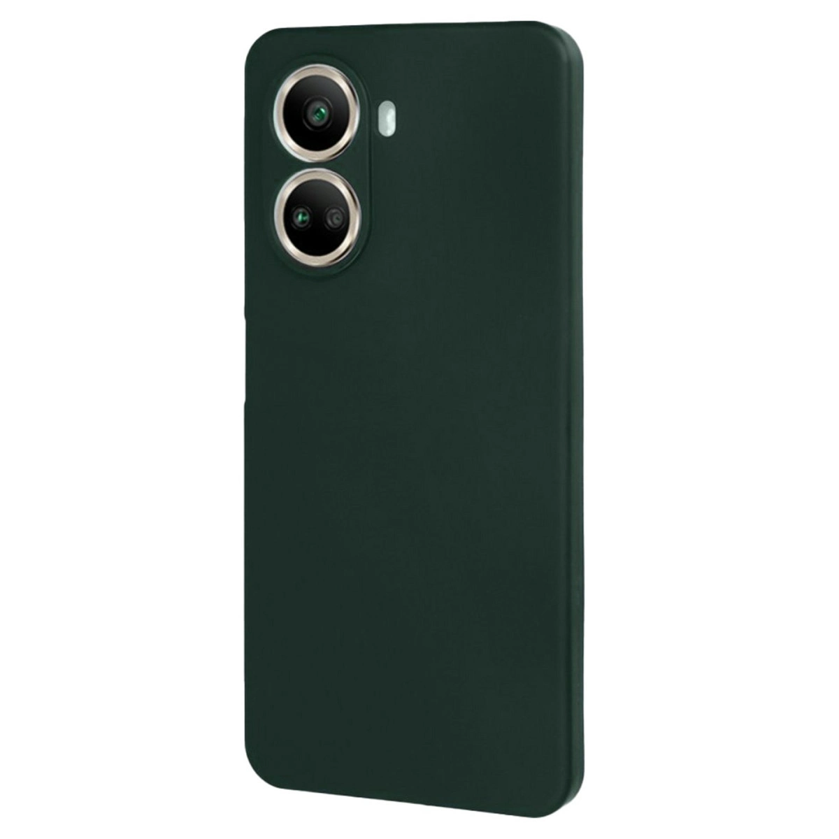 Beyaz arka plan üzerinde arkasında iki dikey kamera merceği bulunan koyu yeşil akıllı telefon kılıfı.