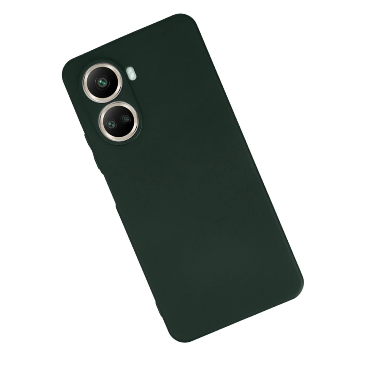 Beyaz arka planda iki kamera lensine sahip koruyucu kılıfta koyu yeşil akıllı telefon.