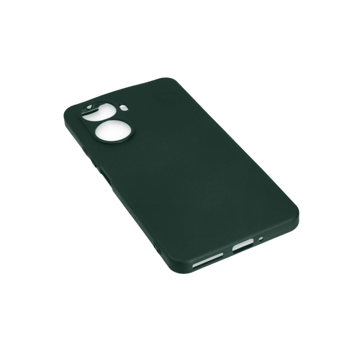 Kamera ve bağlantı noktaları için açıklıkları olan beyaz arka planda koyu yeşil telefon kılıfı.