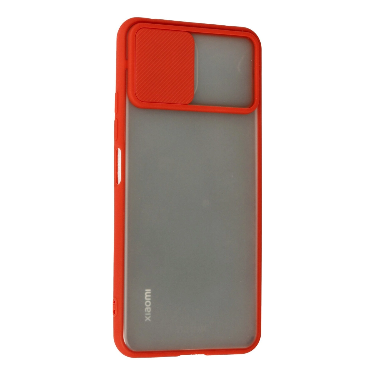 Beyaz arka planda mat arka yüzeye ve kaygılan kamera kapağına sahip kırmızı bir Xiaomi telefon kılıfı.