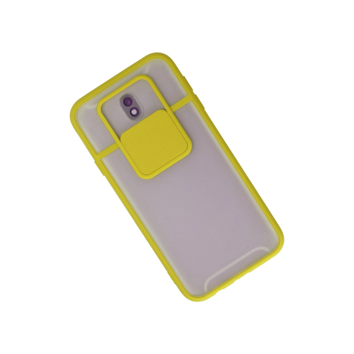 Parlak sarı kenarlı ve kamera lensi için sürgülü kapaklı mat telefon kılıfı.