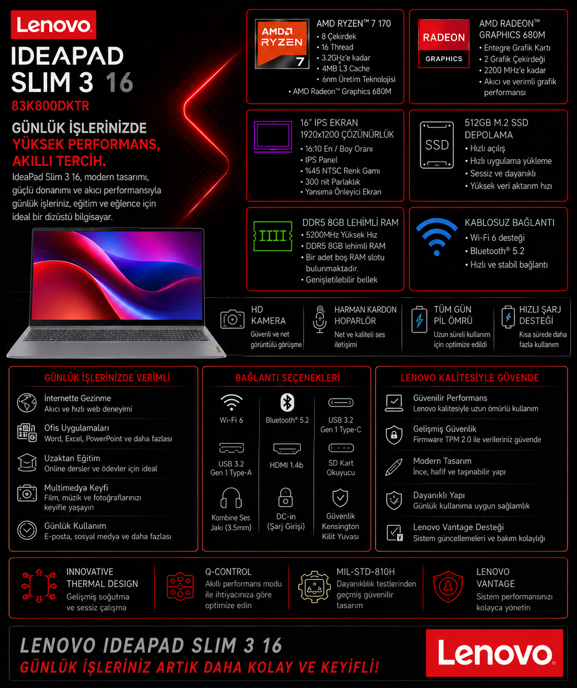 Kırmızı tasarımlı Lenovo IdeaPad Slim 3 16 dizüstü bilgisayarın teknik özellikleri ve görselleri.