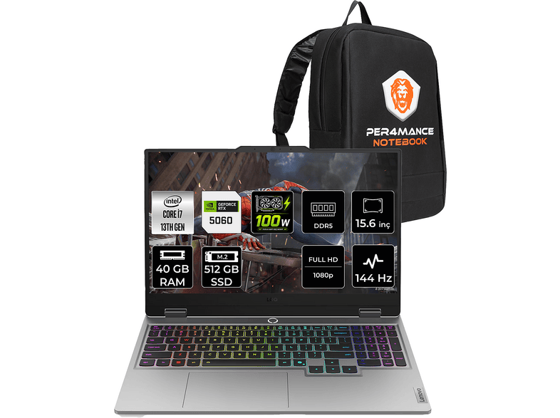 LENOVO LOQ 15IRX10 RTX5060 8GB FHD 83JE01BETRP326 Intel Core i7-13645HX 40 GB RAM 512 GB SSD 15,6 inç FreeDOS Laptop+Çanta Gri