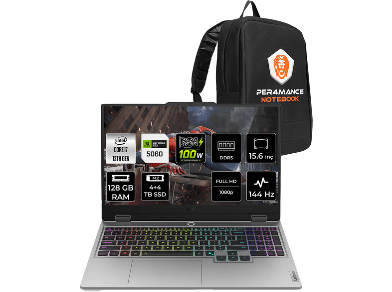 LENOVO LOQ 15IRX10 RTX5060 8GB FHD 83JE01BETRP360 Intel Core i7-13645HX 128 GB RAM 8 TB SSD 15,6 inç FreeDOS Laptop+Çanta Gri