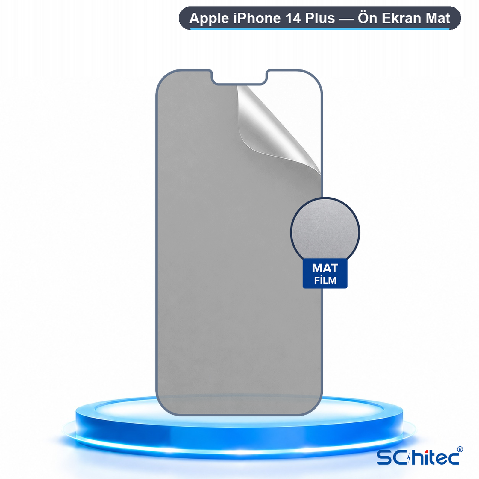 Işıklı mavi bir kaide üzerinde SC-hitec logolu mat iPhone 14 Plus ekran koruyucusu.