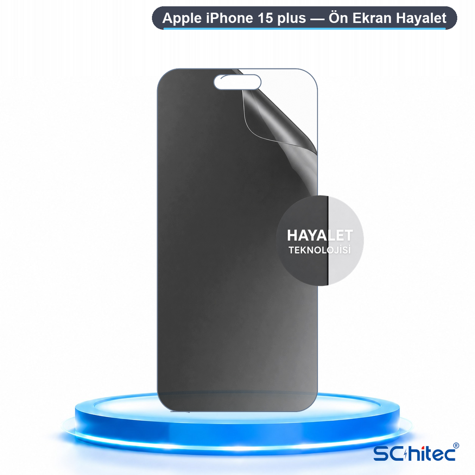 Mavi stant üzerinde koruyucu katmanı soyulan iPhone 15 Plus için siyah hayalet ekran koruyucu.