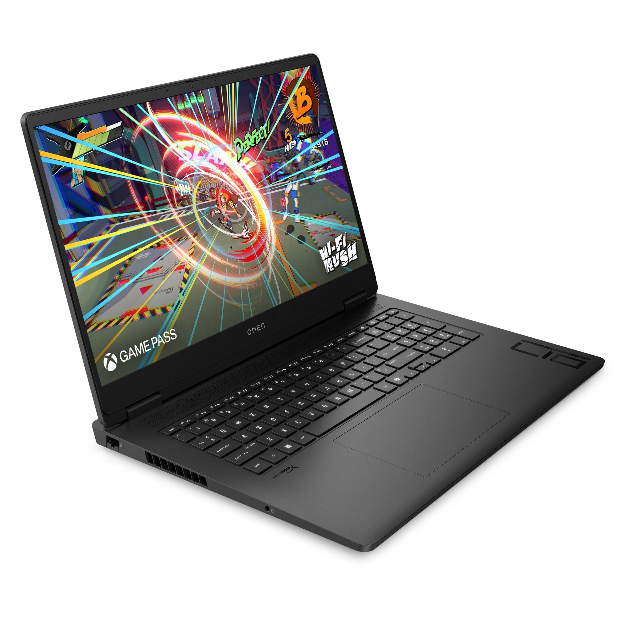 Siyah bir HP Omen oyun dizüstü bilgisayarı, beyaz arka planda ekranda renkli bir aksiyon oyunu gösteriyor.