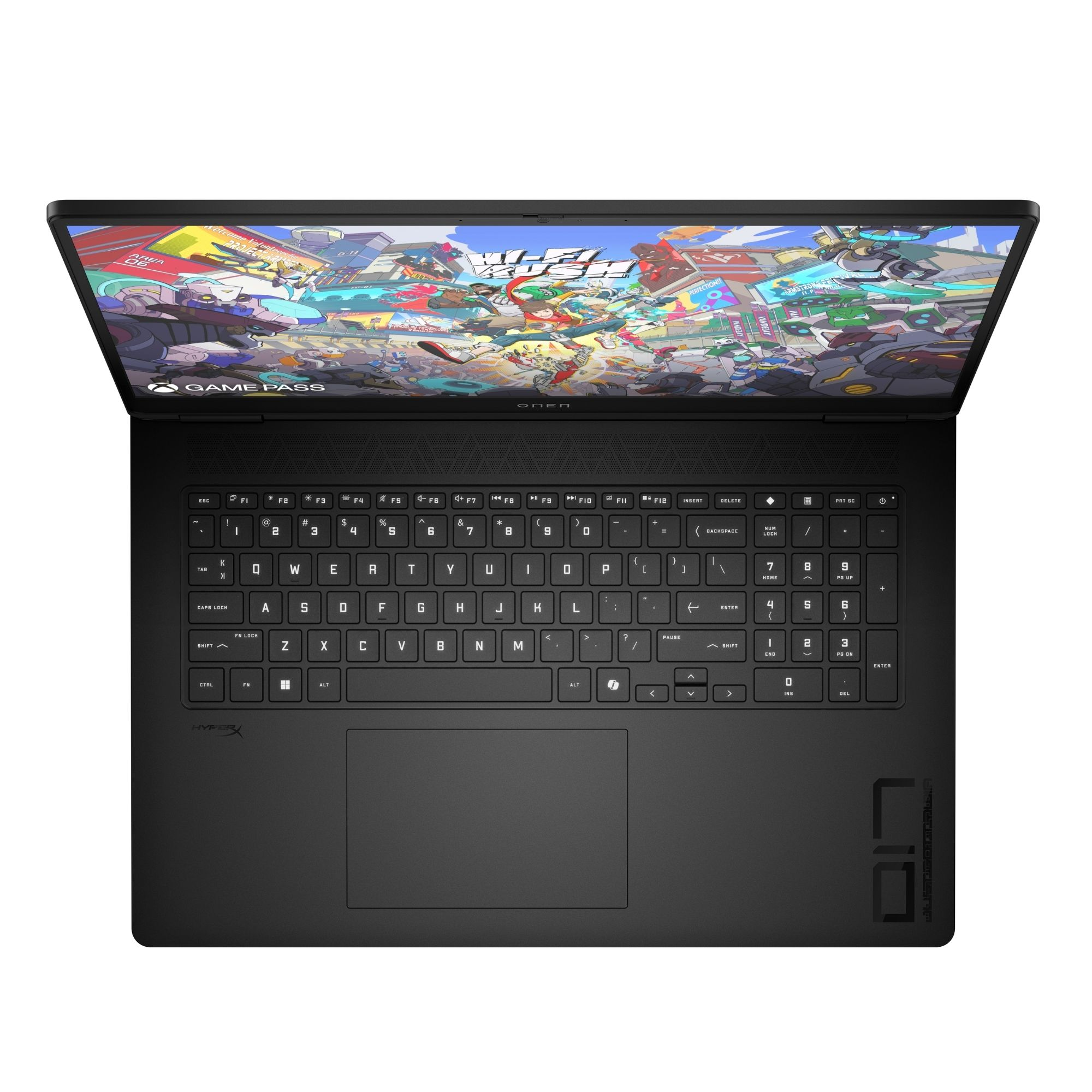 Ekranında renkli bir oyun sahnesi olan siyah bir HP Omen dizüstü bilgisayarın üstten görünümü.