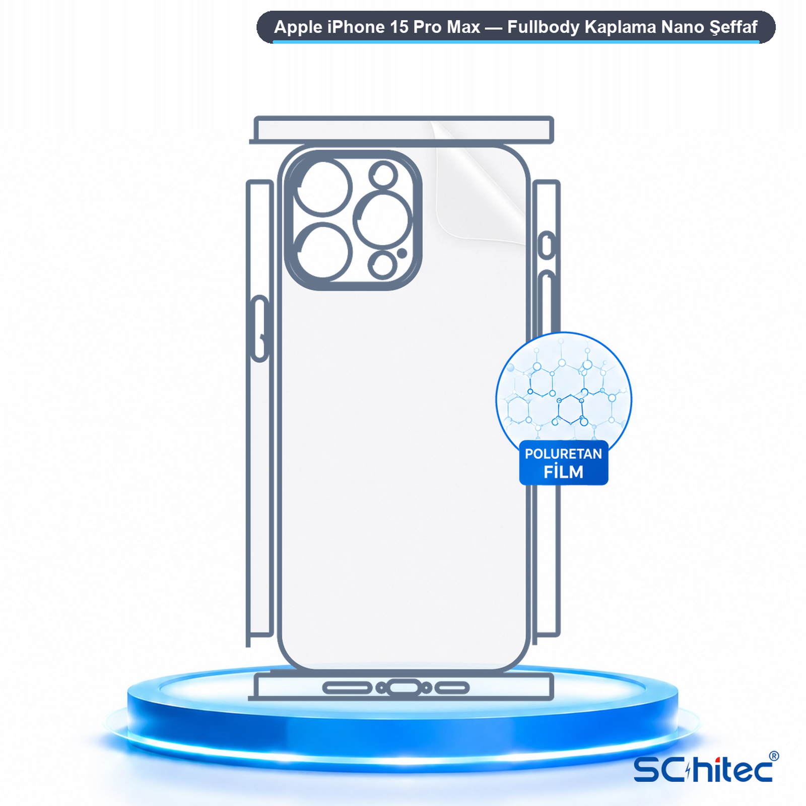 Parlayan mavi bir podyum üzerinde şeffaf film kaplı iPhone 15 Pro Max çizimi.