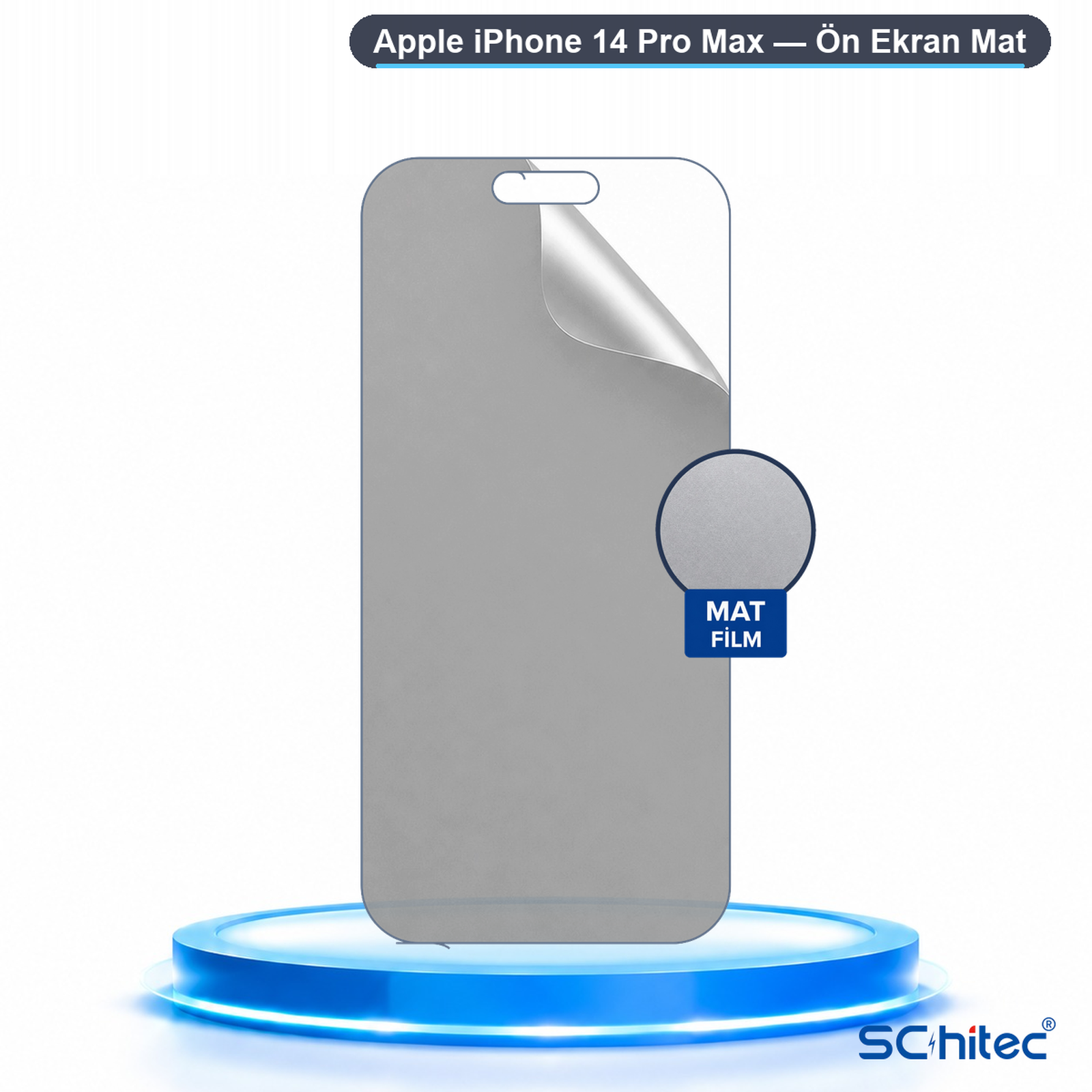 Mavi bir kaide üzerinde iPhone 14 Pro Max için mat ekran koruyucu.