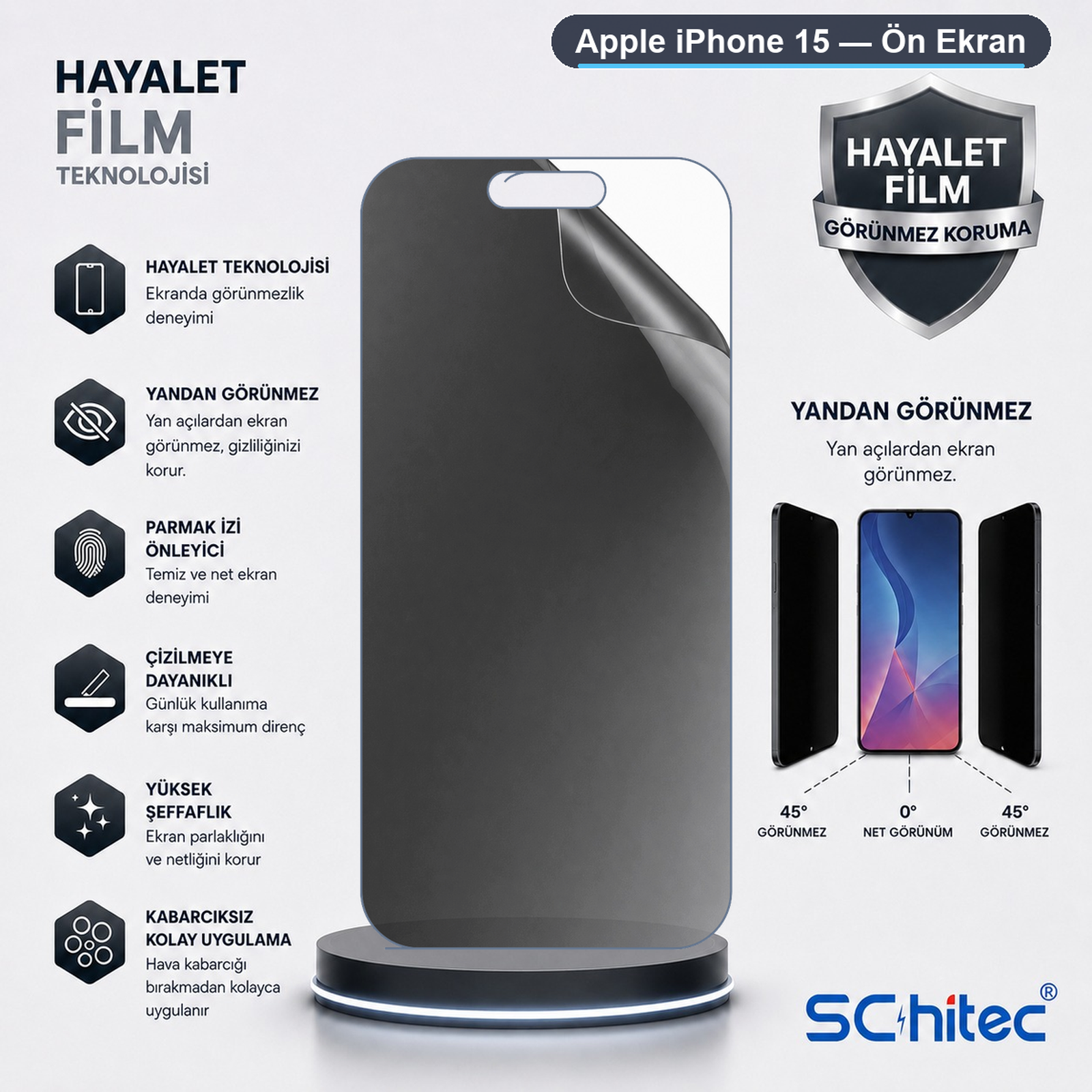 Apple iPhone 15 hayalet ekran koruyucu reklamı ve açıklayıcı simgeler.