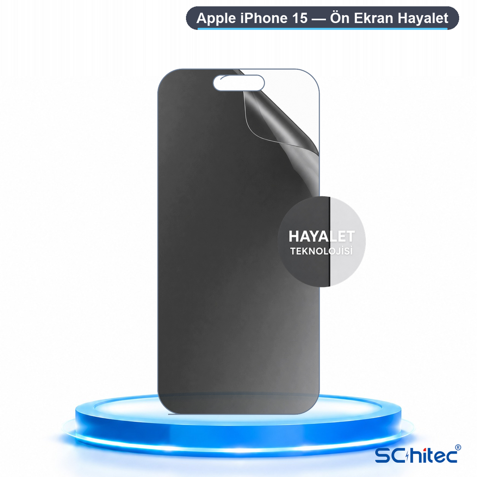 Mavi parlayan bir platform üzerinde Apple iPhone 15 için siyah gizlilik ekran koruyucusu.