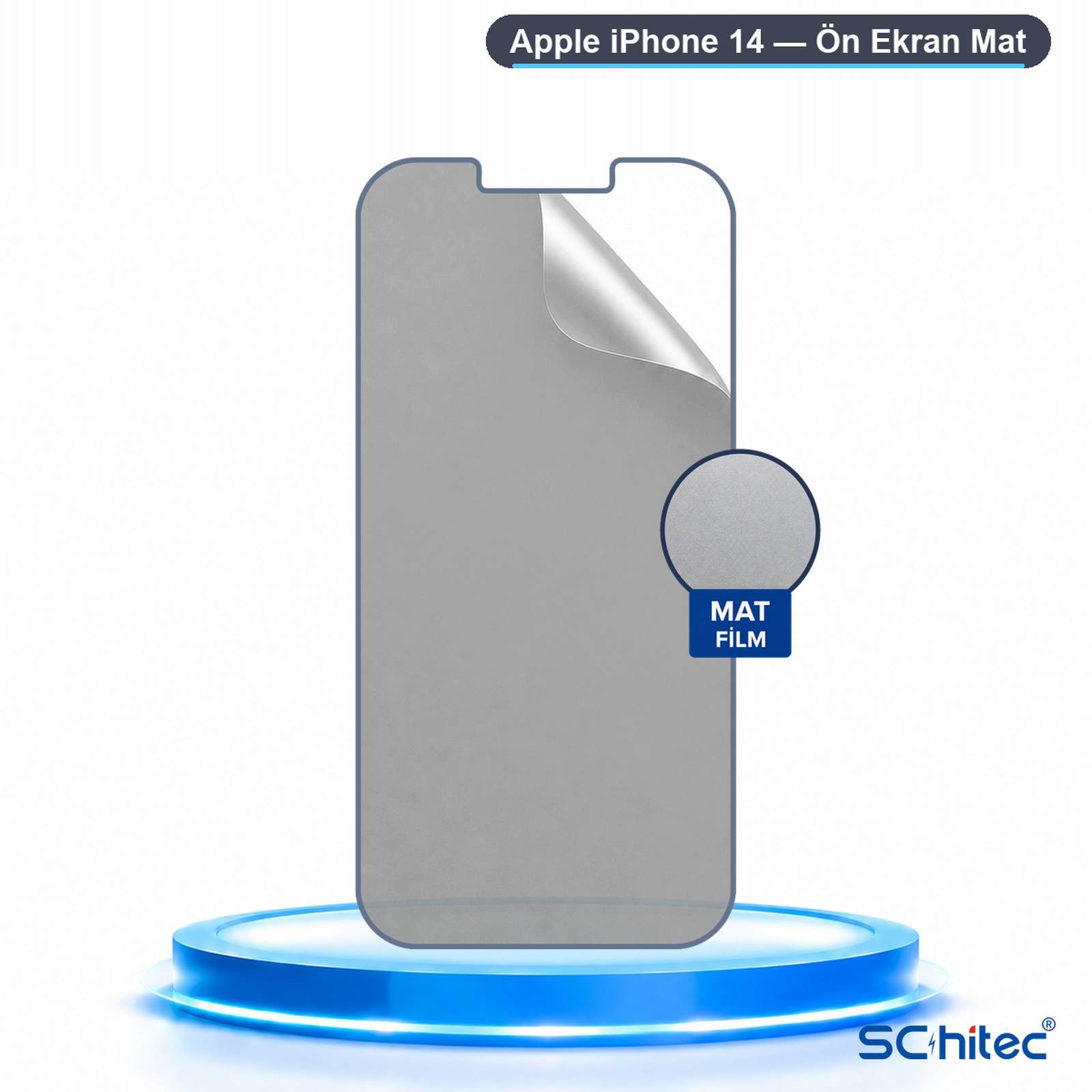 Mavi bir podyum üzerinde mat iPhone 14 ekran koruyucu ve yakınlaştırma dairesi.