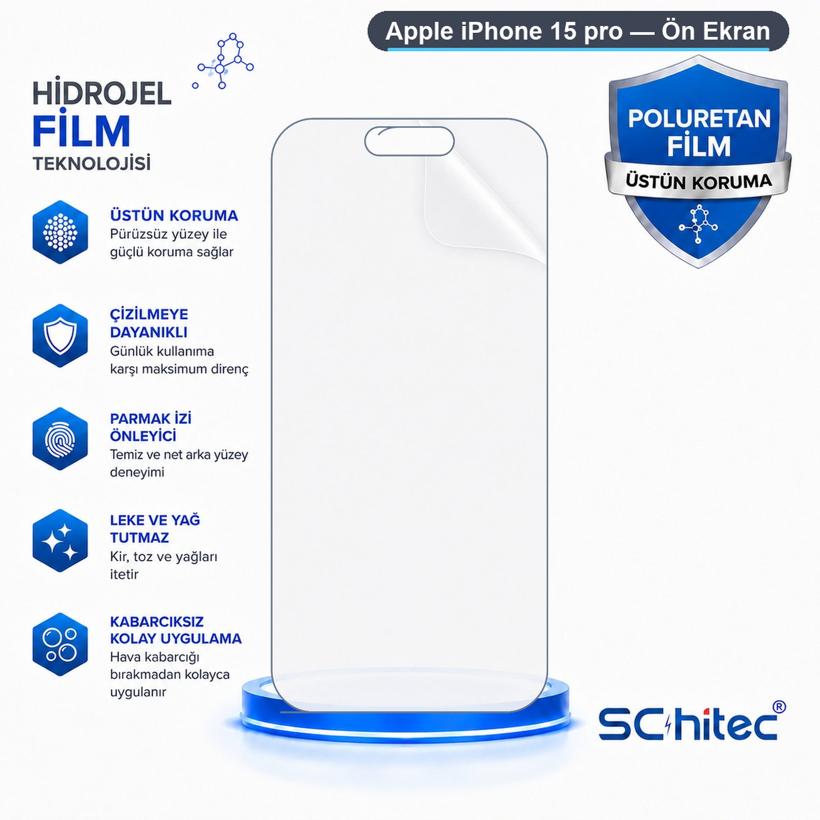 Diyagram, çizilme direnci ve kabarcıksız uygulama özelliklerine sahip iPhone 15 Pro ekran koruyucusunu gösterir.