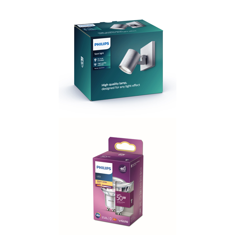 Türkis-weiße Philips Verpackung für einen Wandspot, mit Abbildung der silbernen Leuchte vorne.