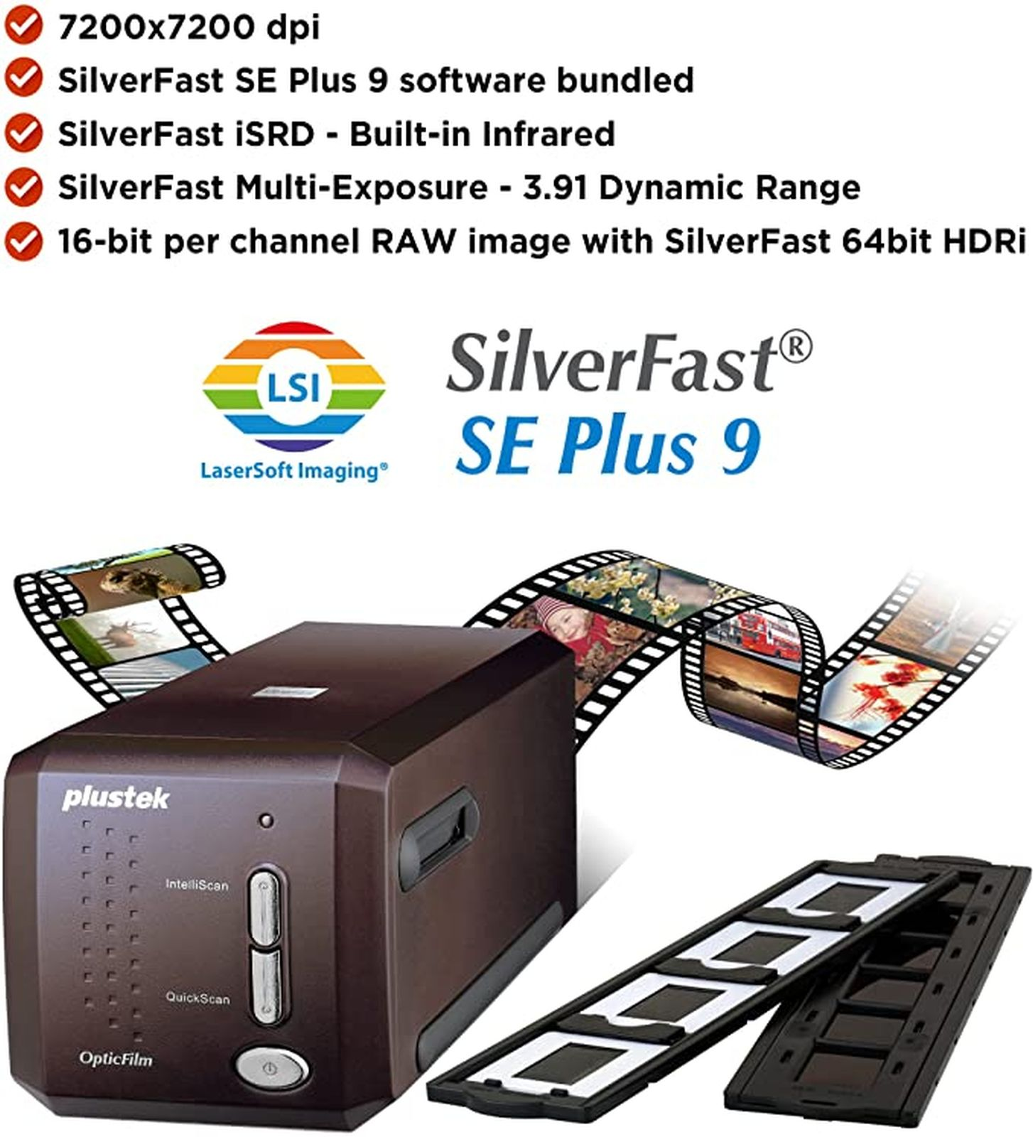 Scanner Plustek OpticFilm con strisce di pellicola e diapositive, accompagnato da funzioni software.
