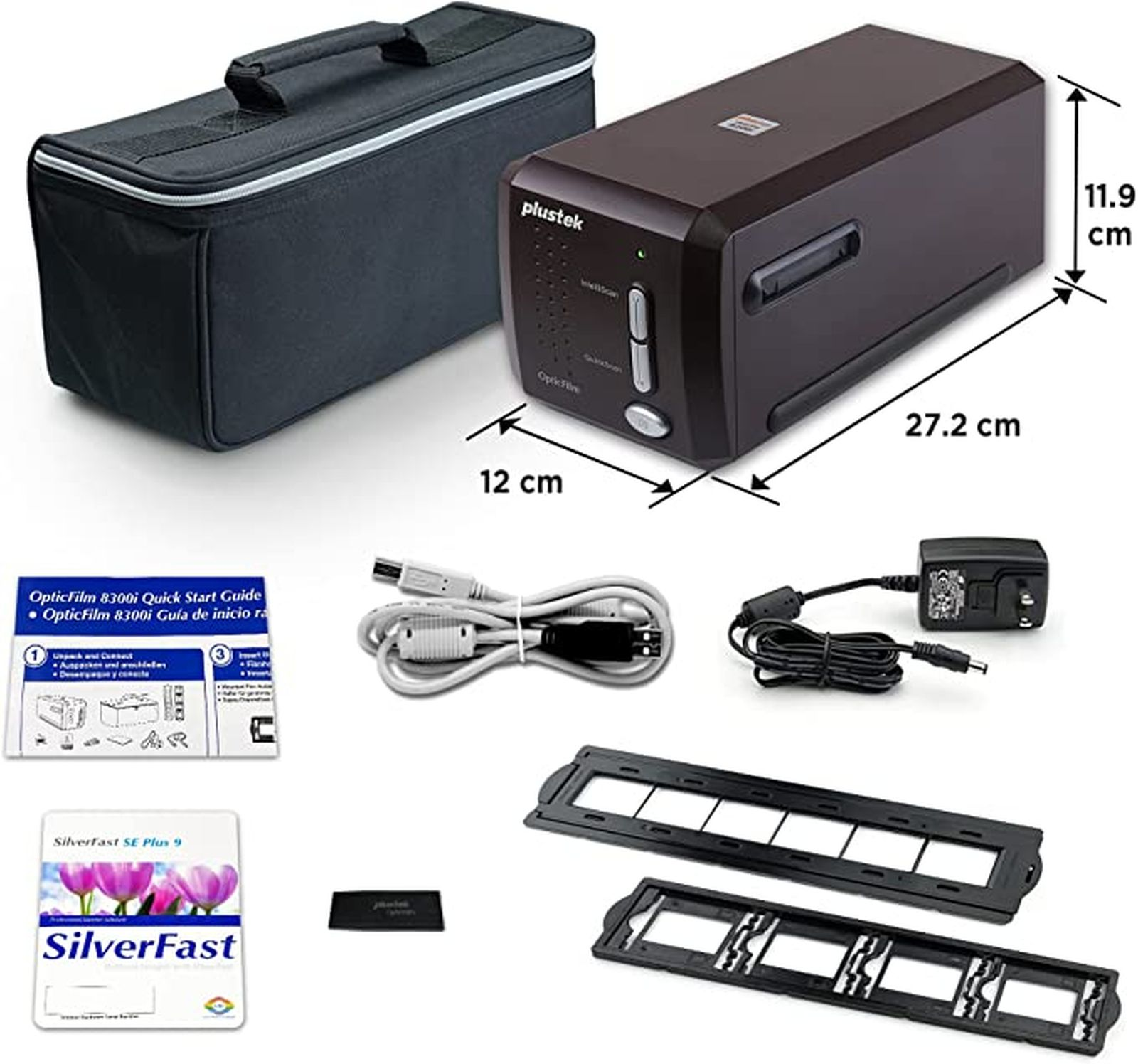 Scanner Plustek con custodia, cavi, alimentatore, manuale e supporti per pellicola.